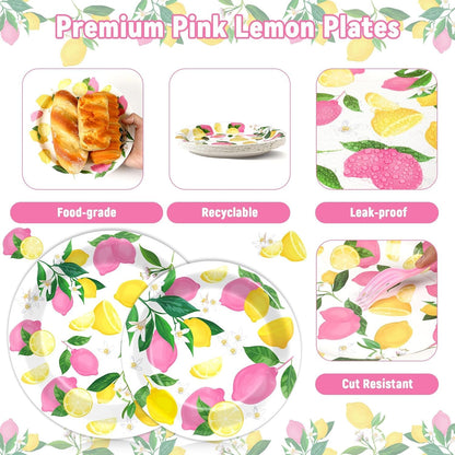 96Pcs Pink Lemon Party Supplies Lemon Paper Plates Napkins Lemons Summer Party Decorations Pink Lemonade Dinnerware Party Favor Birthday Party Picnic HomeTableware Serves 24