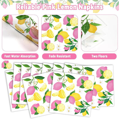 96Pcs Pink Lemon Party Supplies Lemon Paper Plates Napkins Lemons Summer Party Decorations Pink Lemonade Dinnerware Party Favor Birthday Party Picnic HomeTableware Serves 24