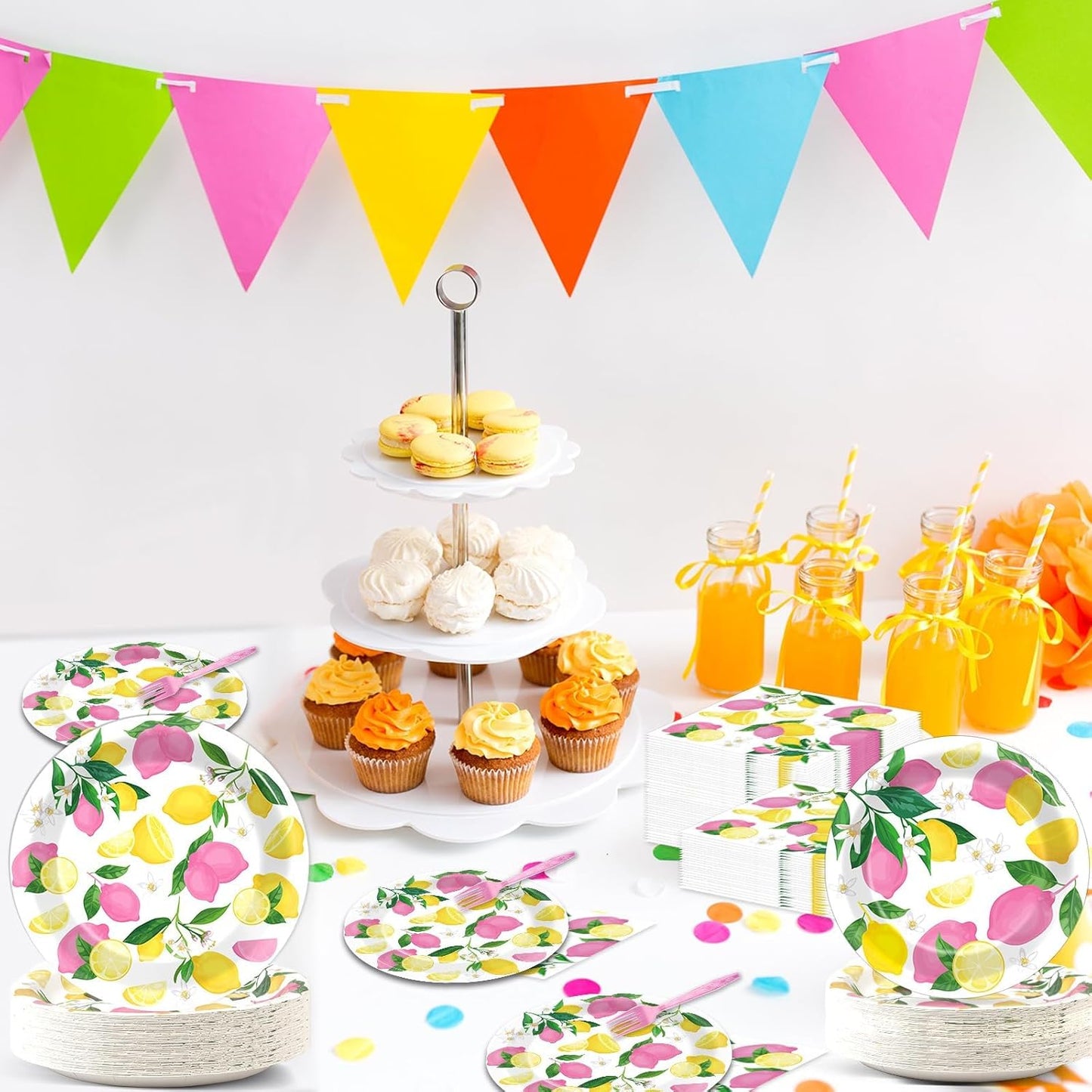 96Pcs Pink Lemon Party Supplies Lemon Paper Plates Napkins Lemons Summer Party Decorations Pink Lemonade Dinnerware Party Favor Birthday Party Picnic HomeTableware Serves 24