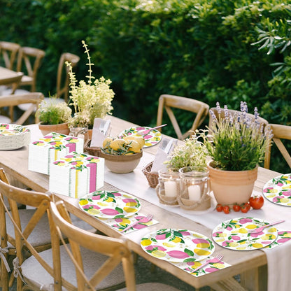 96Pcs Pink Lemon Party Supplies Lemon Paper Plates Napkins Lemons Summer Party Decorations Pink Lemonade Dinnerware Party Favor Birthday Party Picnic HomeTableware Serves 24