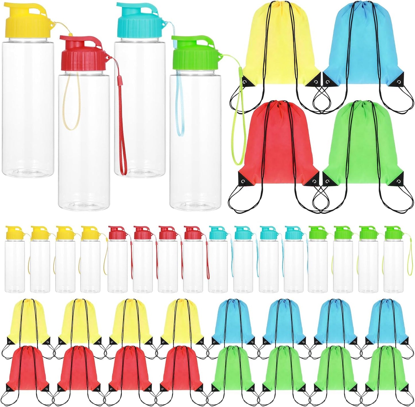 16 Pcs 17oz Plastic Water Bottles Bulk with Drawstring Backpacks, Reusable Sports Water Bottles with Flip Top & Handle Strap, Lightweight Leakproof Drinking Cups for Gym Fitness Outdoor Sports