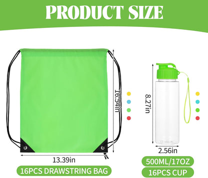 16 Pcs 17oz Plastic Water Bottles Bulk with Drawstring Backpacks, Reusable Sports Water Bottles with Flip Top & Handle Strap, Lightweight Leakproof Drinking Cups for Gym Fitness Outdoor Sports