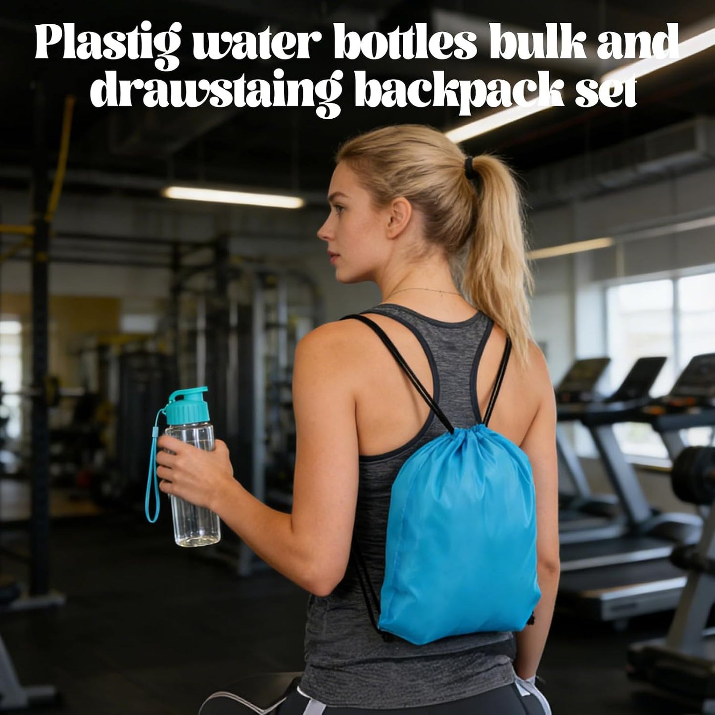 16 Pcs 17oz Plastic Water Bottles Bulk with Drawstring Backpacks, Reusable Sports Water Bottles with Flip Top & Handle Strap, Lightweight Leakproof Drinking Cups for Gym Fitness Outdoor Sports