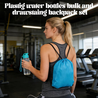16 Pcs 17oz Plastic Water Bottles Bulk with Drawstring Backpacks, Reusable Sports Water Bottles with Flip Top & Handle Strap, Lightweight Leakproof Drinking Cups for Gym Fitness Outdoor Sports