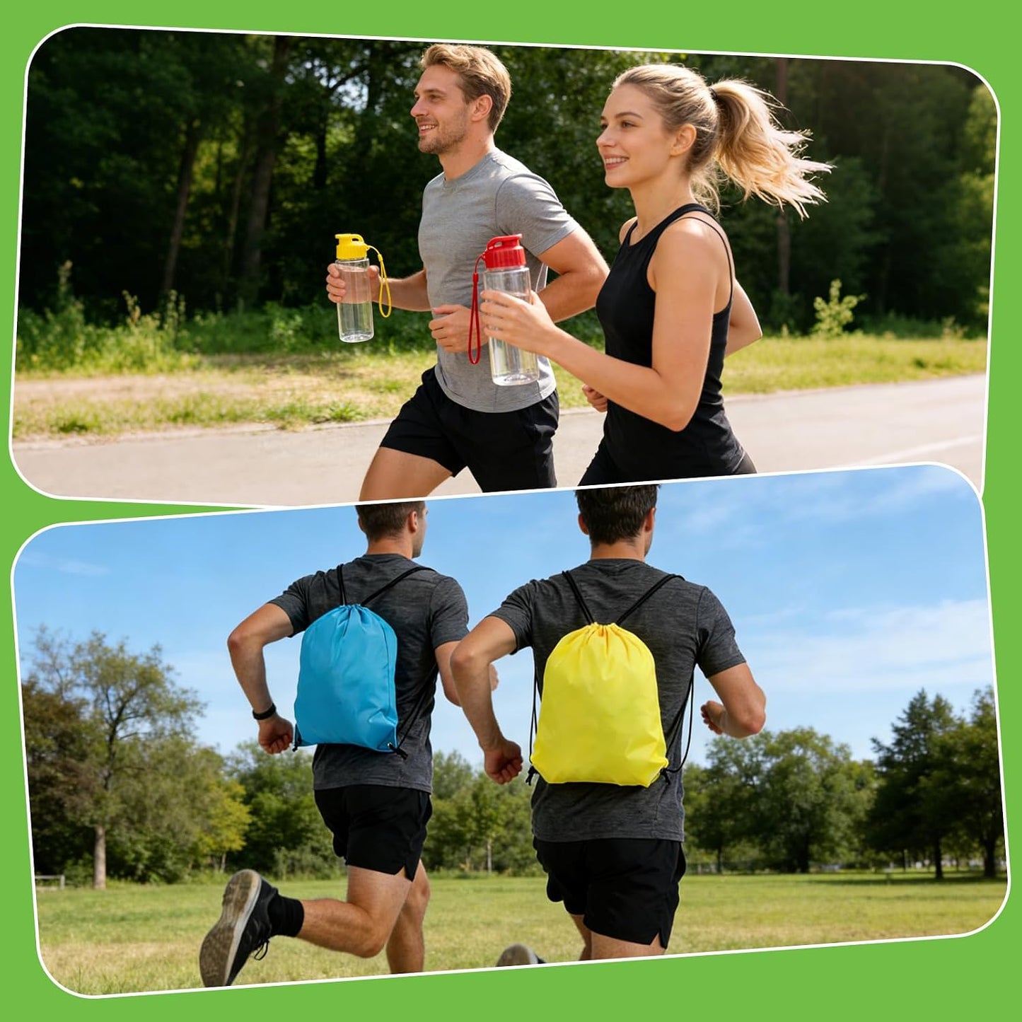 16 Pcs 17oz Plastic Water Bottles Bulk with Drawstring Backpacks, Reusable Sports Water Bottles with Flip Top & Handle Strap, Lightweight Leakproof Drinking Cups for Gym Fitness Outdoor Sports