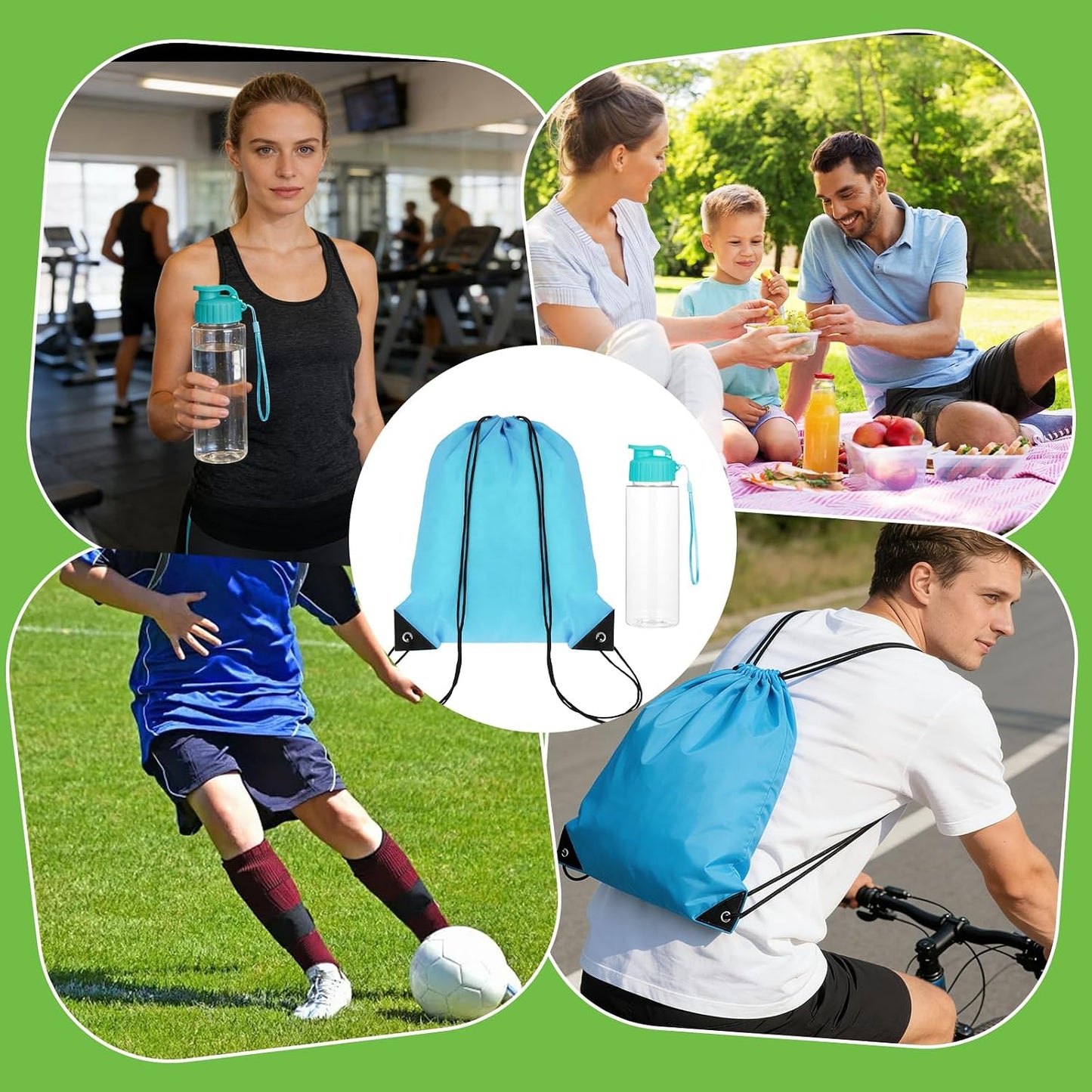16 Pcs 17oz Plastic Water Bottles Bulk with Drawstring Backpacks, Reusable Sports Water Bottles with Flip Top & Handle Strap, Lightweight Leakproof Drinking Cups for Gym Fitness Outdoor Sports