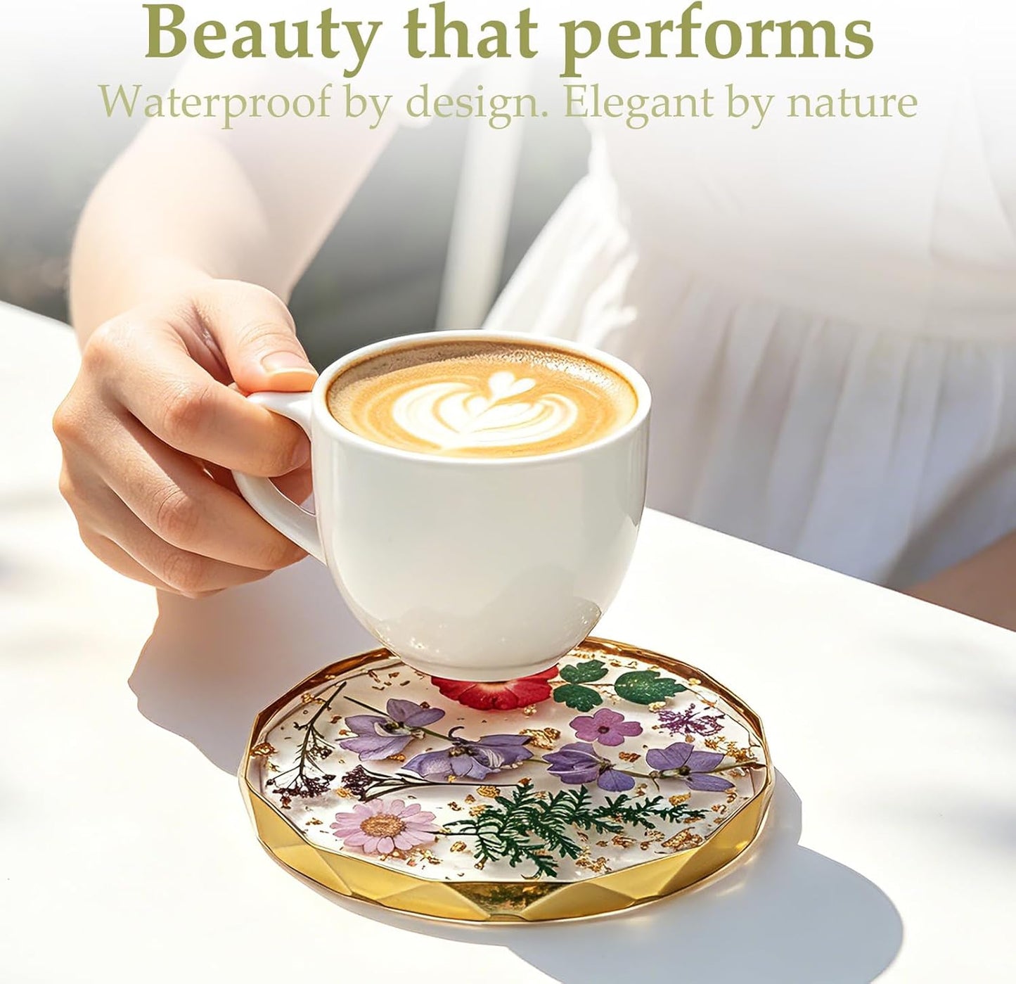 Resin Coaster with Real Dried Flowers, Yellow | Polygon Shape, Cute Cup Mat, For Desk, Coffee Table, Home, Office & Outdoor, Ideal Gift for Women & Girls