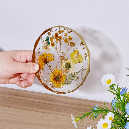 Resin Coaster with Real Dried Flowers, Yellow | Polygon Shape, Cute Cup Mat, For Desk, Coffee Table, Home, Office & Outdoor, Ideal Gift for Women & Girls