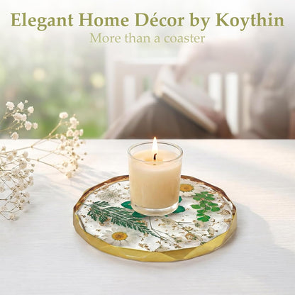 Resin Coaster with Real Dried Flowers, Yellow | Polygon Shape, Cute Cup Mat, For Desk, Coffee Table, Home, Office & Outdoor, Ideal Gift for Women & Girls