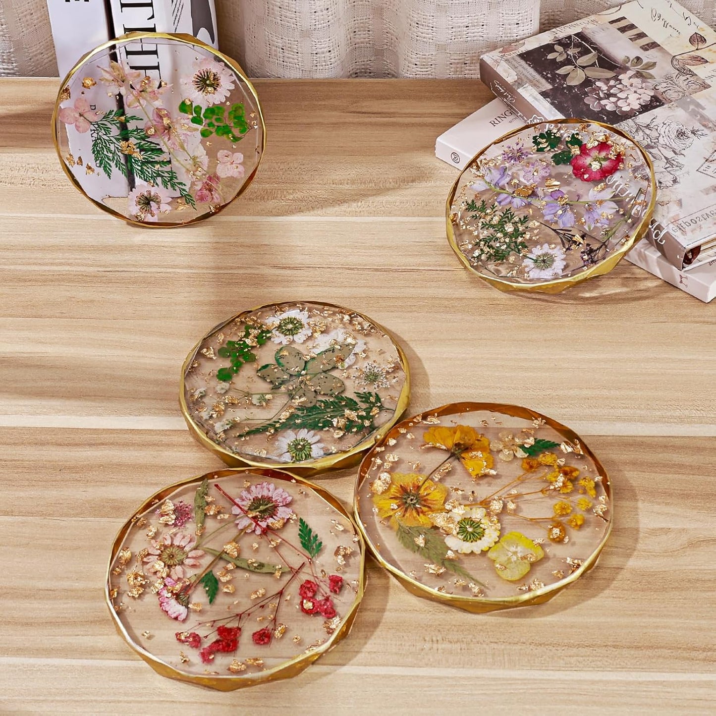 Resin Coaster with Real Dried Flowers, Yellow | Polygon Shape, Cute Cup Mat, For Desk, Coffee Table, Home, Office & Outdoor, Ideal Gift for Women & Girls