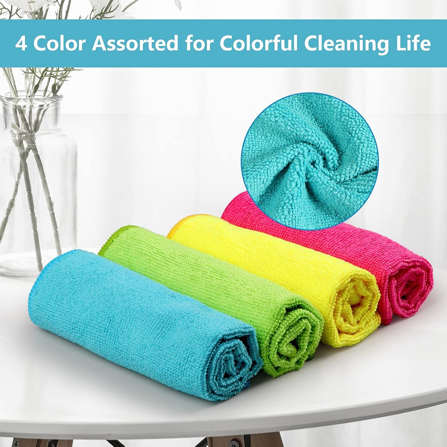 Microfiber Cleaning Cloth, 24 Pack Cleaning Rags, Cleaning Towels with 4 Color Assorted, 11.5"X11.5"(Green/Blue/Yellow/Pink)