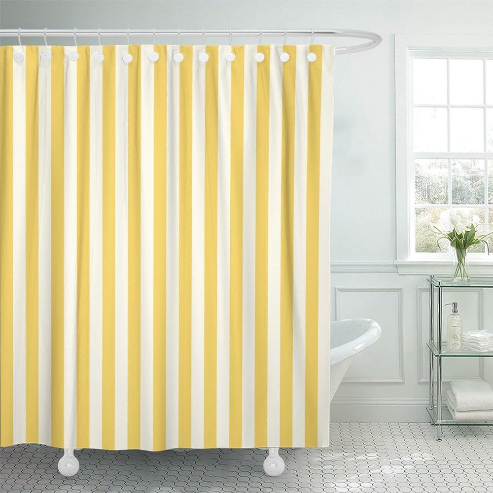 Stripe Shower Curtain Waterproof Vertical White Yellow Striped Polyester Fabric 60 x 72 Inches Set with Hooks