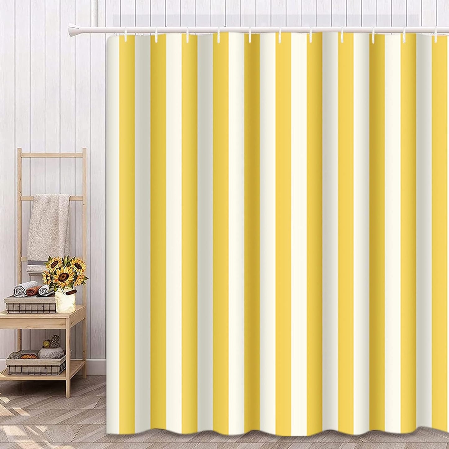 Stripe Shower Curtain Waterproof Vertical White Yellow Striped Polyester Fabric 60 x 72 Inches Set with Hooks
