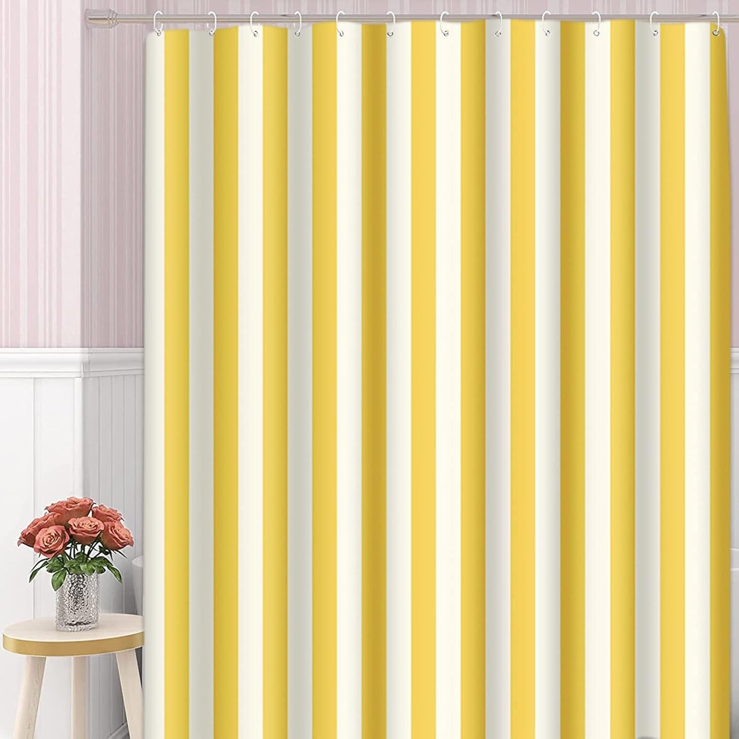 Stripe Shower Curtain Waterproof Vertical White Yellow Striped Polyester Fabric 60 x 72 Inches Set with Hooks