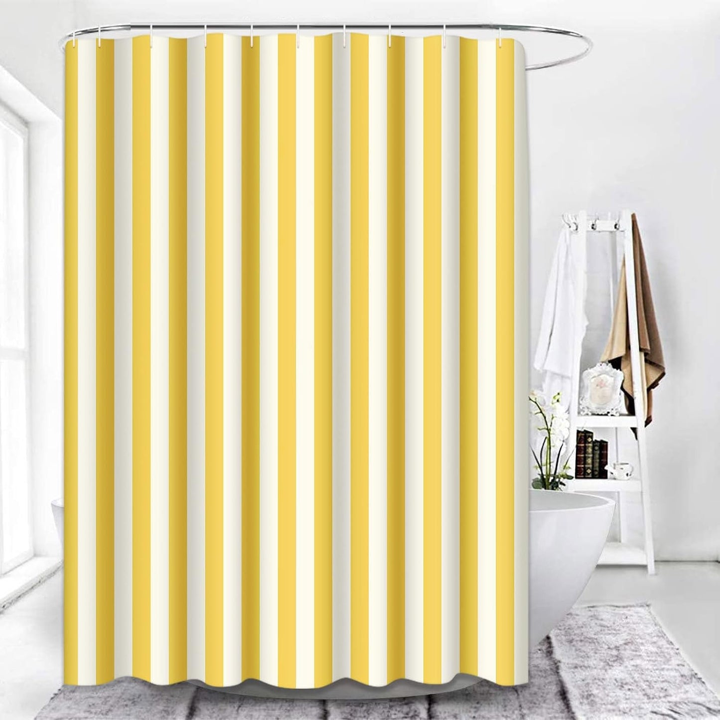Stripe Shower Curtain Waterproof Vertical White Yellow Striped Polyester Fabric 60 x 72 Inches Set with Hooks