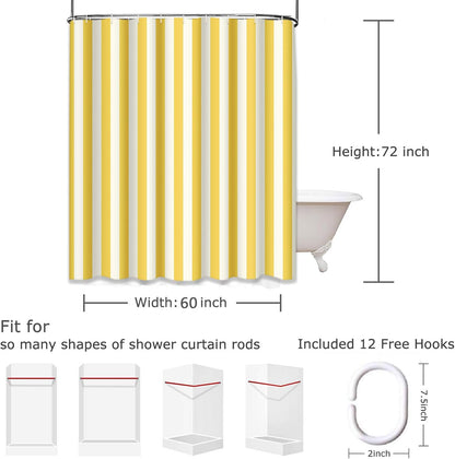 Stripe Shower Curtain Waterproof Vertical White Yellow Striped Polyester Fabric 60 x 72 Inches Set with Hooks