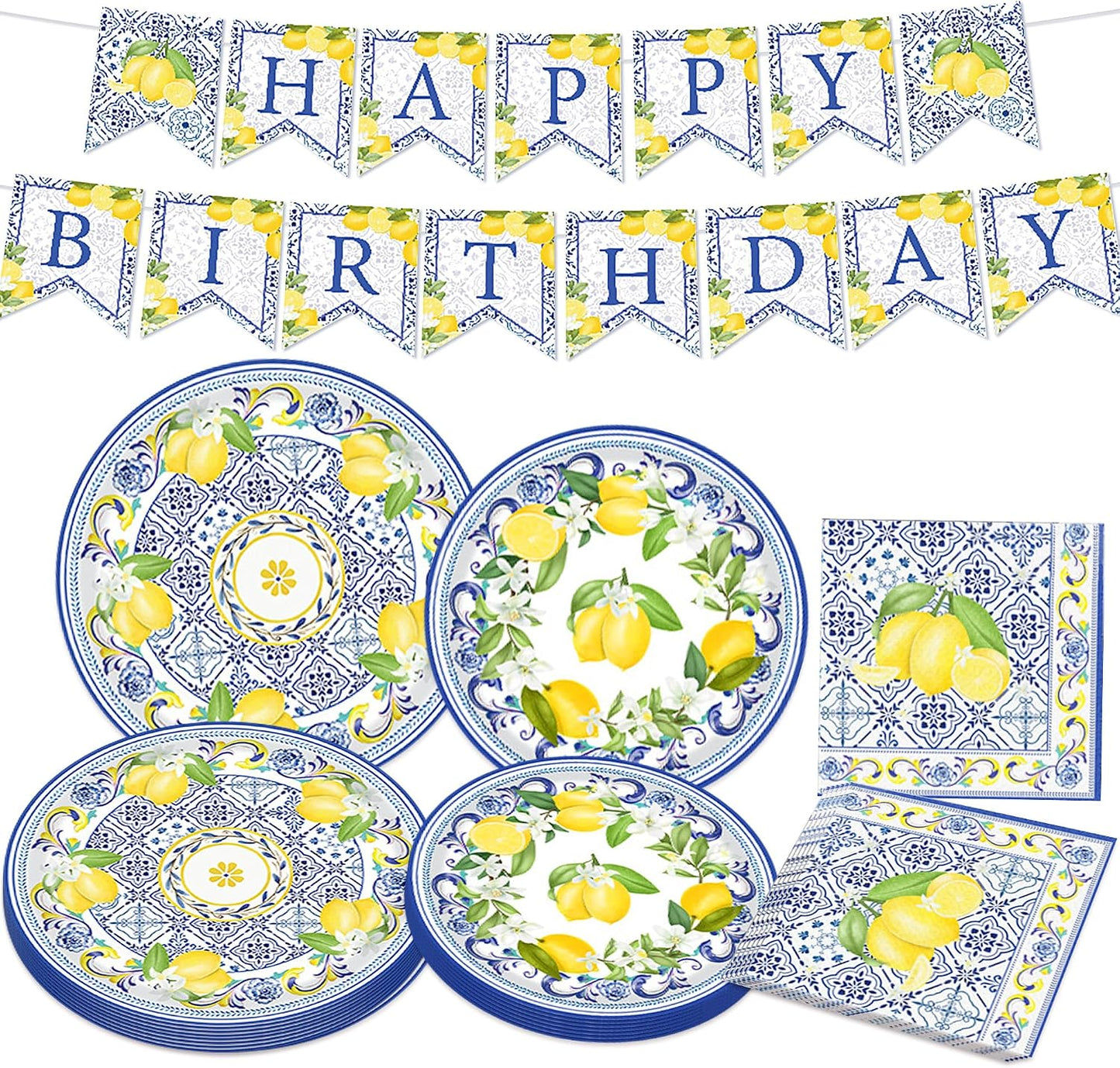 Capri Lemon Birthday Party Decorations Italian Blue Tile Plates and Napkins Set Lemon Banner Lemonade Tableware Decor Blue and Yellow Birthday Supplies
