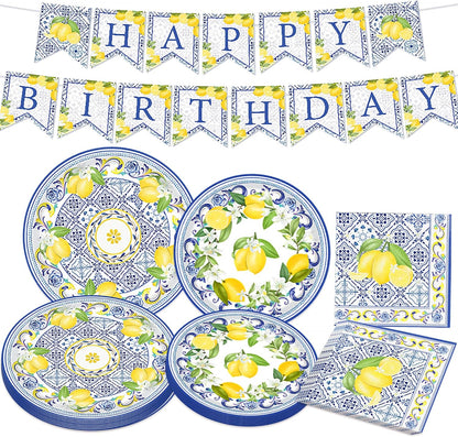 Capri Lemon Birthday Party Decorations Italian Blue Tile Plates and Napkins Set Lemon Banner Lemonade Tableware Decor Blue and Yellow Birthday Supplies