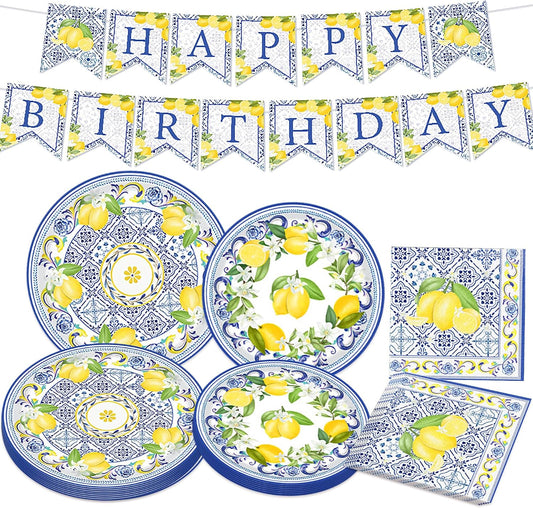 Capri Lemon Birthday Party Decorations Italian Blue Tile Plates and Napkins Set Lemon Banner Lemonade Tableware Decor Blue and Yellow Birthday Supplies