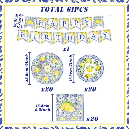 Capri Lemon Birthday Party Decorations Italian Blue Tile Plates and Napkins Set Lemon Banner Lemonade Tableware Decor Blue and Yellow Birthday Supplies