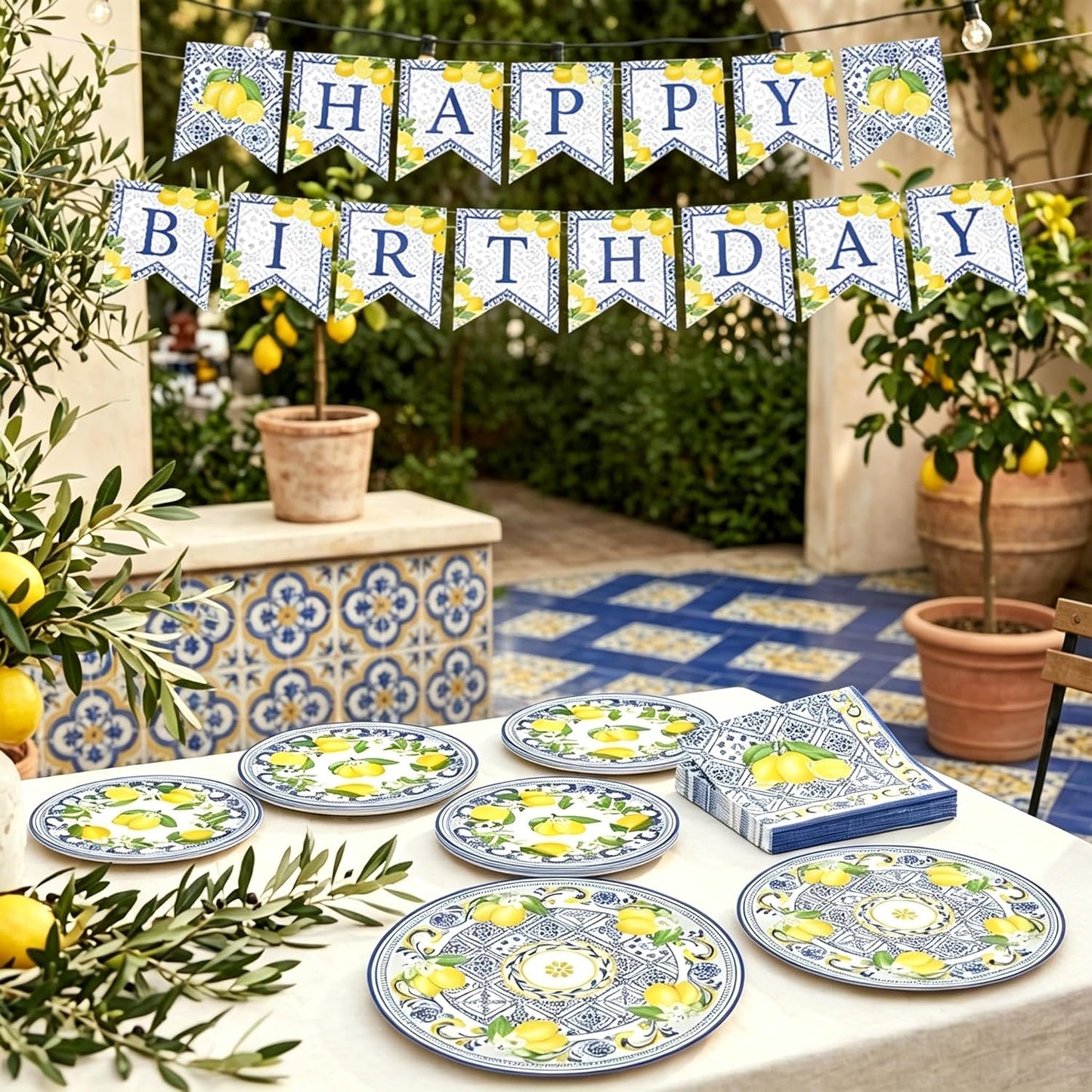 Capri Lemon Birthday Party Decorations Italian Blue Tile Plates and Napkins Set Lemon Banner Lemonade Tableware Decor Blue and Yellow Birthday Supplies