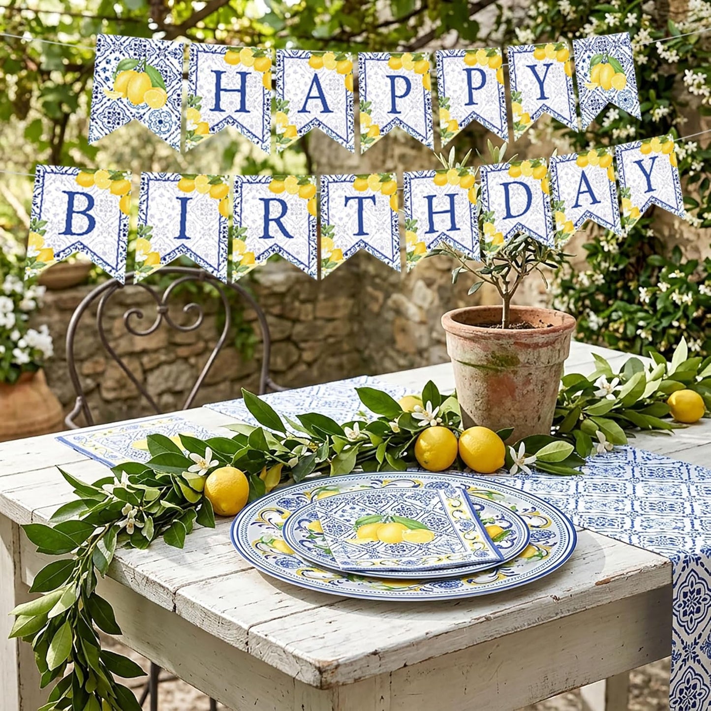 Capri Lemon Birthday Party Decorations Italian Blue Tile Plates and Napkins Set Lemon Banner Lemonade Tableware Decor Blue and Yellow Birthday Supplies