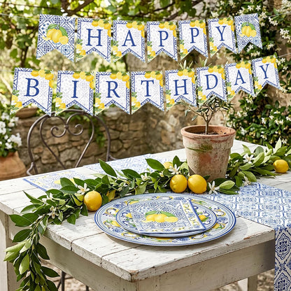 Capri Lemon Birthday Party Decorations Italian Blue Tile Plates and Napkins Set Lemon Banner Lemonade Tableware Decor Blue and Yellow Birthday Supplies