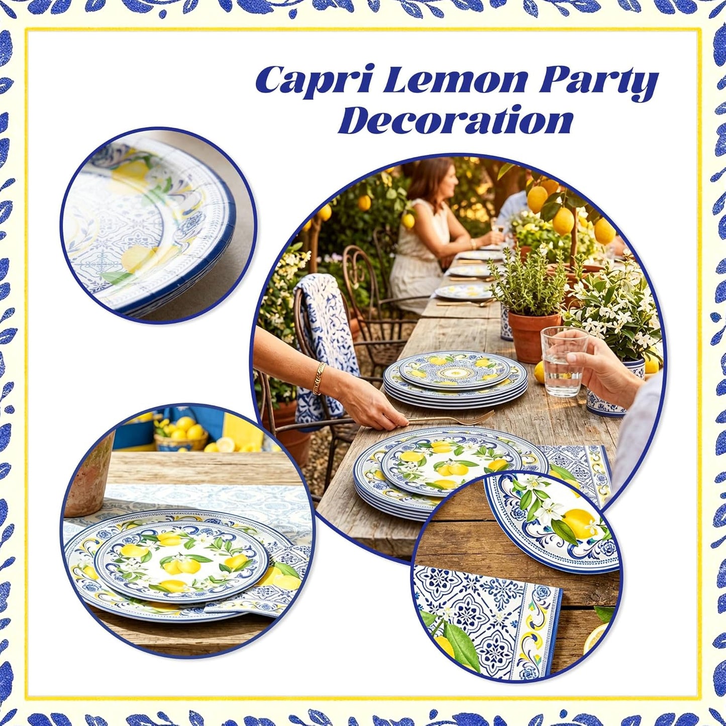 Capri Lemon Birthday Party Decorations Italian Blue Tile Plates and Napkins Set Lemon Banner Lemonade Tableware Decor Blue and Yellow Birthday Supplies