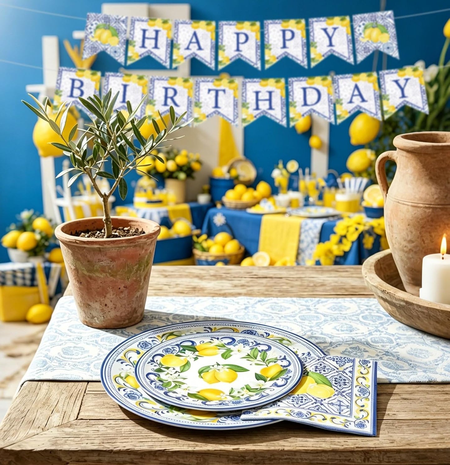Capri Lemon Birthday Party Decorations Italian Blue Tile Plates and Napkins Set Lemon Banner Lemonade Tableware Decor Blue and Yellow Birthday Supplies