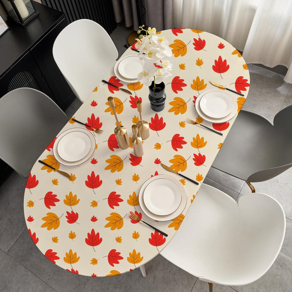 Fall Fitted Oval Table Cloth with Elastic 48x68 Inch Light Yellow Tablecloth Spandex Stretchy Fabric Dining Table Cover for Outdoor Party Wrinkle Free Non Slip Cute Autumn Leaves