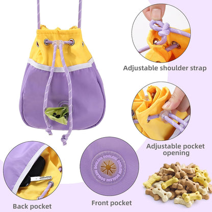 ETIAL Large Capacity Dog Treat Pouch, Waterproof Dog Walking Bag with Shoulder Strap, Built-in Poop Bag Dispenser, Drawstring Closure Dog Food Pouch for Pet Training Walking & Rewarding (Yellow)