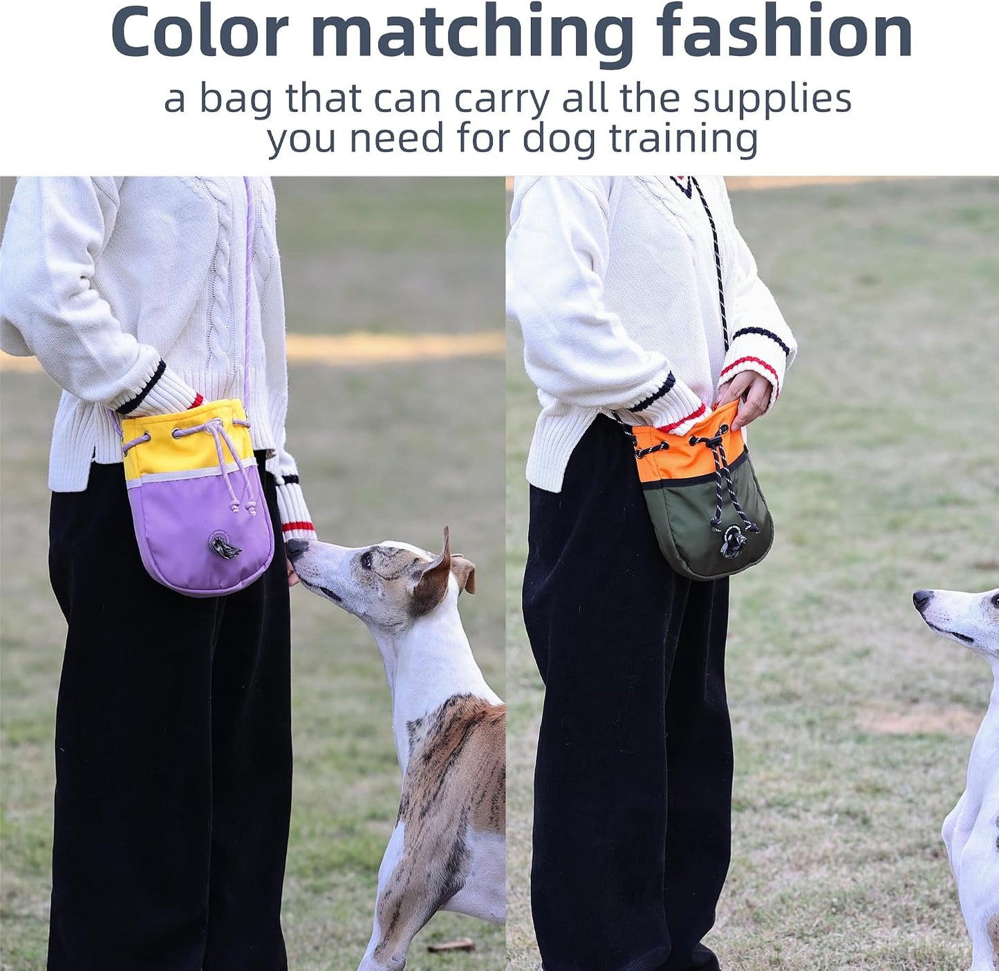 ETIAL Large Capacity Dog Treat Pouch, Waterproof Dog Walking Bag with Shoulder Strap, Built-in Poop Bag Dispenser, Drawstring Closure Dog Food Pouch for Pet Training Walking & Rewarding (Yellow)
