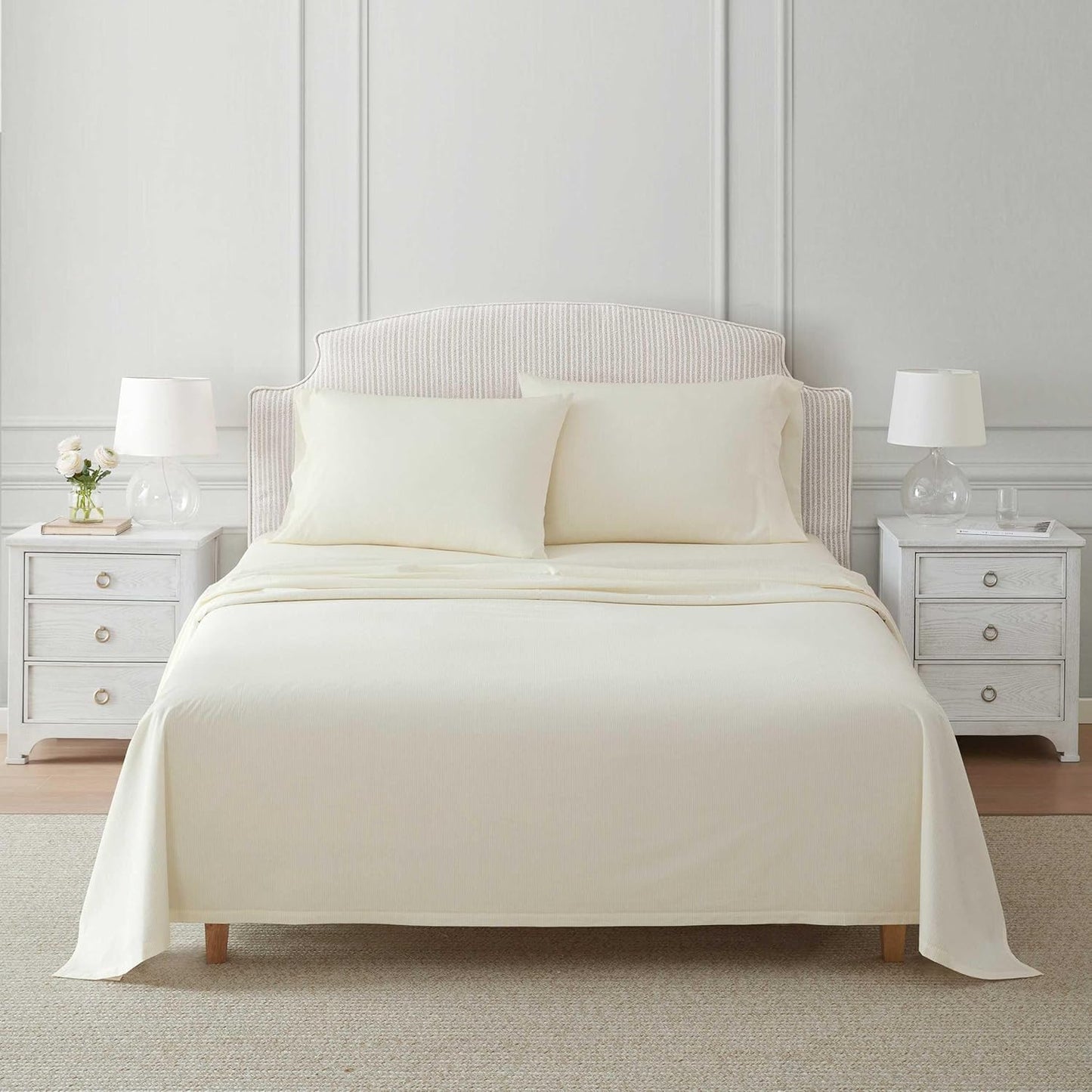 Queen Size Sheets Set, Crisp & Tailored Cooling Sheets with a Naturally Smooth Cotton Percale Lightweight Feel - Bed Sheets with Matching Pillowcases & Fitted Sheet (Stripe Yellow)