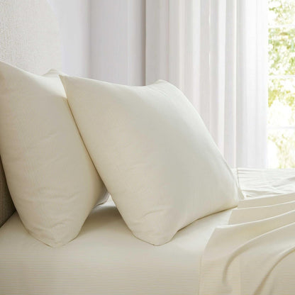 Queen Size Sheets Set, Crisp & Tailored Cooling Sheets with a Naturally Smooth Cotton Percale Lightweight Feel - Bed Sheets with Matching Pillowcases & Fitted Sheet (Stripe Yellow)