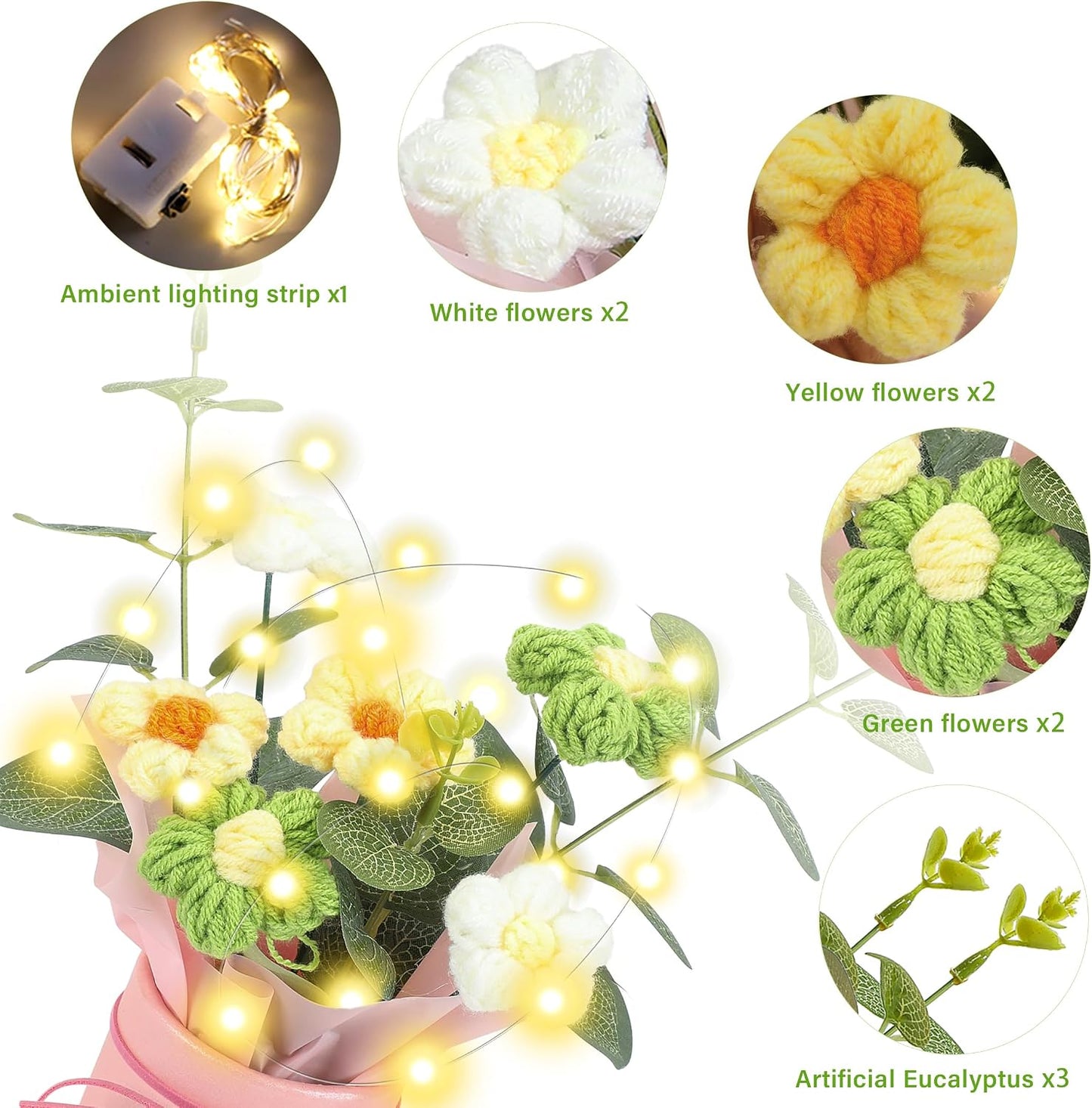 Crochet Flowers Bouquet, Valentine's Day Crochet Bouquet of Flowers, Handmade Daisy Artificial Flowers with Card for Wedding, Birthday, Anniversary, Gift for Women (Yellow)