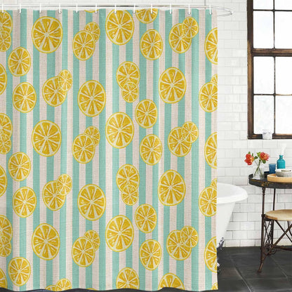 Shower Curtain Yellow Lemon Stripes Shower Curtains Set for Bathroom Decor Summer Fruit White Blue Waterproof Fabric Bath Shower Curtain with Hooks Home Decor 48 x 72 Inches