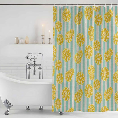 Shower Curtain Yellow Lemon Stripes Shower Curtains Set for Bathroom Decor Summer Fruit White Blue Waterproof Fabric Bath Shower Curtain with Hooks Home Decor 48 x 72 Inches