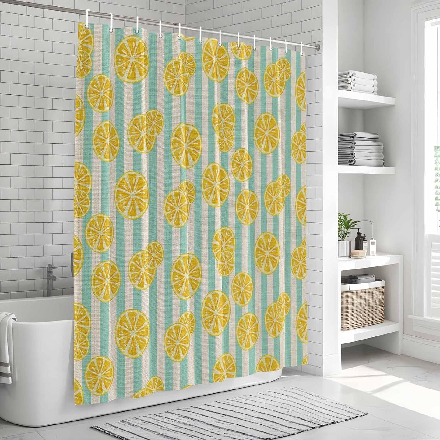 Shower Curtain Yellow Lemon Stripes Shower Curtains Set for Bathroom Decor Summer Fruit White Blue Waterproof Fabric Bath Shower Curtain with Hooks Home Decor 48 x 72 Inches