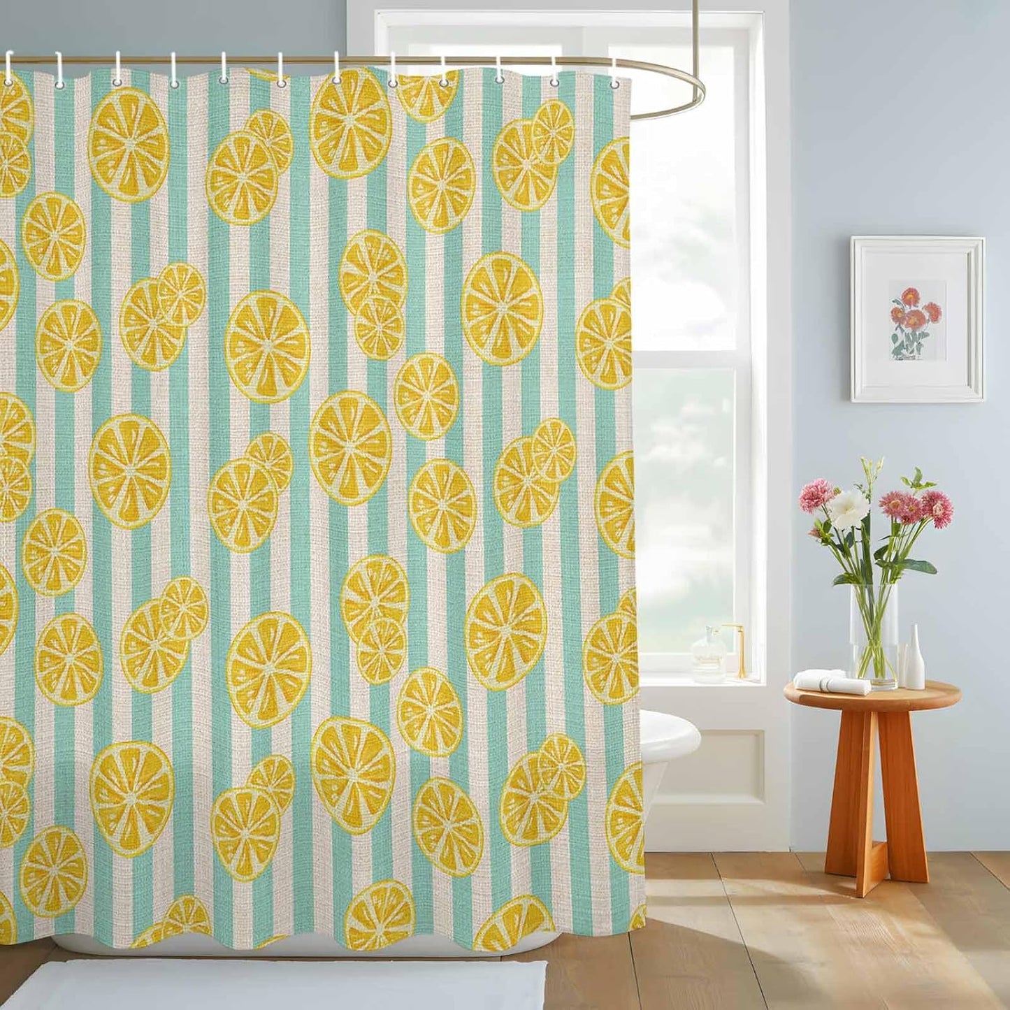 Shower Curtain Yellow Lemon Stripes Shower Curtains Set for Bathroom Decor Summer Fruit White Blue Waterproof Fabric Bath Shower Curtain with Hooks Home Decor 48 x 72 Inches