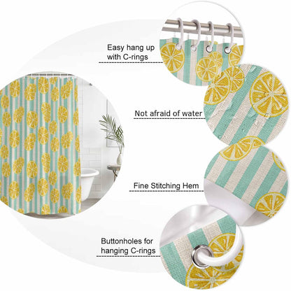 Shower Curtain Yellow Lemon Stripes Shower Curtains Set for Bathroom Decor Summer Fruit White Blue Waterproof Fabric Bath Shower Curtain with Hooks Home Decor 48 x 72 Inches