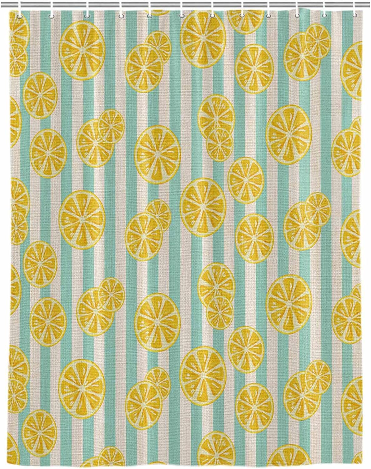 Shower Curtain Yellow Lemon Stripes Shower Curtains Set for Bathroom Decor Summer Fruit White Blue Waterproof Fabric Bath Shower Curtain with Hooks Home Decor 48 x 72 Inches
