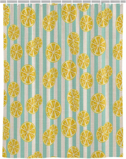 Shower Curtain Yellow Lemon Stripes Shower Curtains Set for Bathroom Decor Summer Fruit White Blue Waterproof Fabric Bath Shower Curtain with Hooks Home Decor 48 x 72 Inches