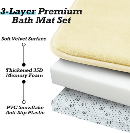 Bathroom Rugs Sets 2 Piece, Non-Slip & Quick Dry Bath Mat Set, Ultra Soft Velvet Bath Rugs for Bathroom, Toilet and Shower Floor, Cream Yellow