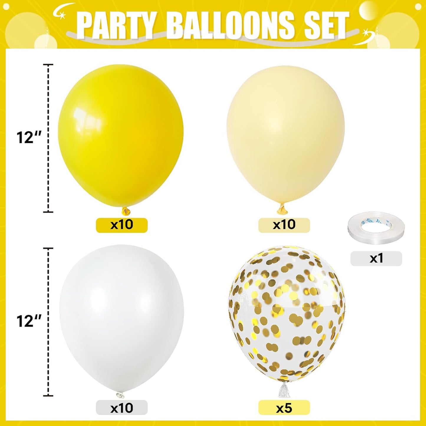 Yellow and White Balloons, 12Inch Pastel Yellow White Gold Confetti Balloons for Bee Lemon Wedding Baby Bridal Shower Sunflower Birthday Party Decorations