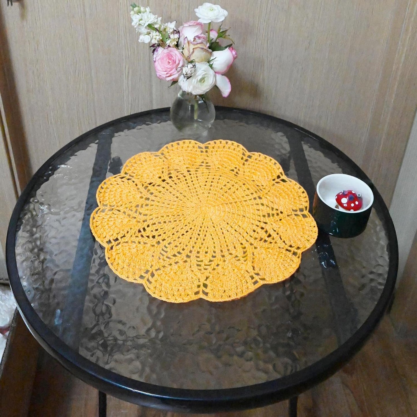 Round Flower Lace Doilies Vase Mats Kitchen Tablecloth Dish Plate Mat Handmade Crochet Table Doily Placemats (Yellow, 11.8 in to 13.8 in,1PC)