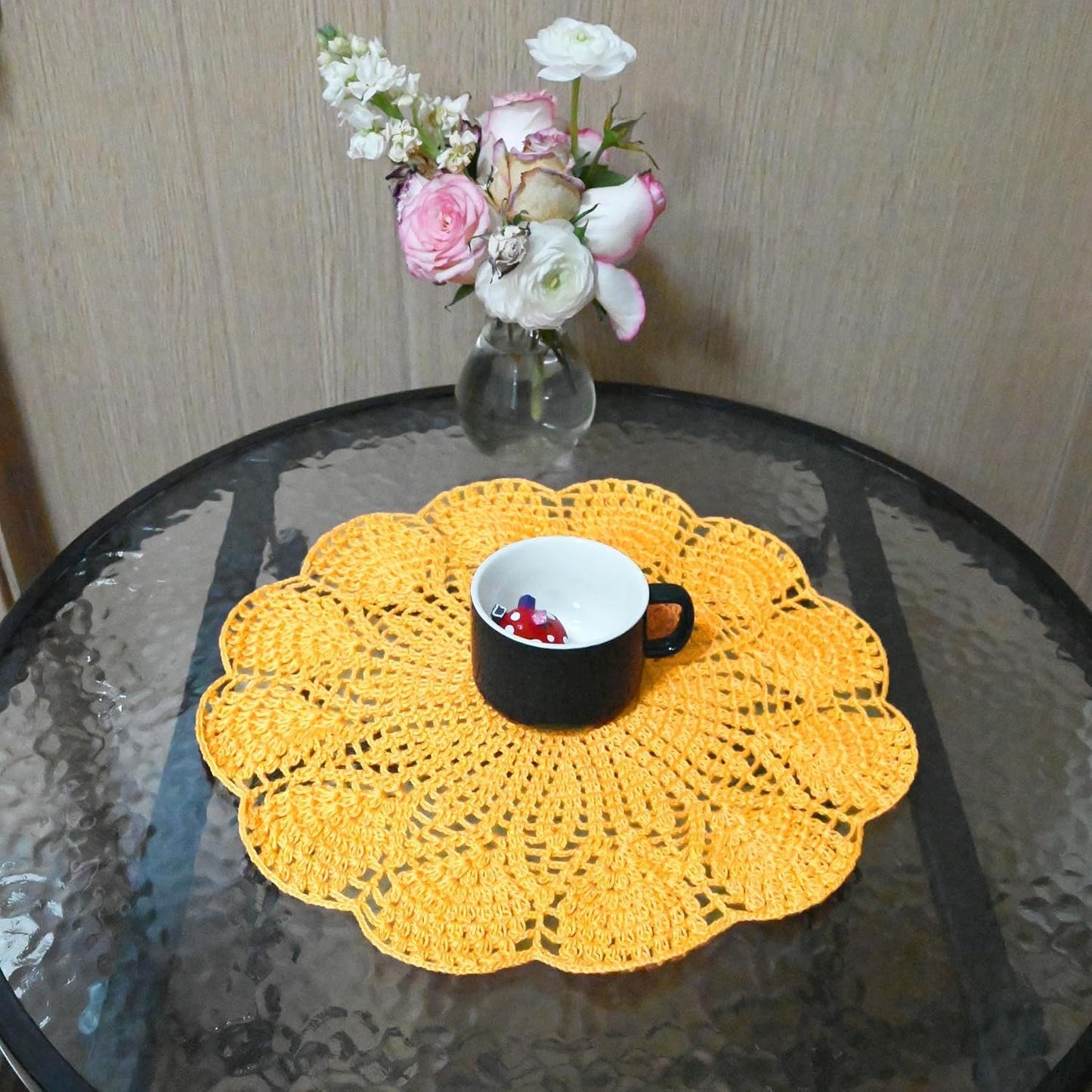 Round Flower Lace Doilies Vase Mats Kitchen Tablecloth Dish Plate Mat Handmade Crochet Table Doily Placemats (Yellow, 11.8 in to 13.8 in,1PC)