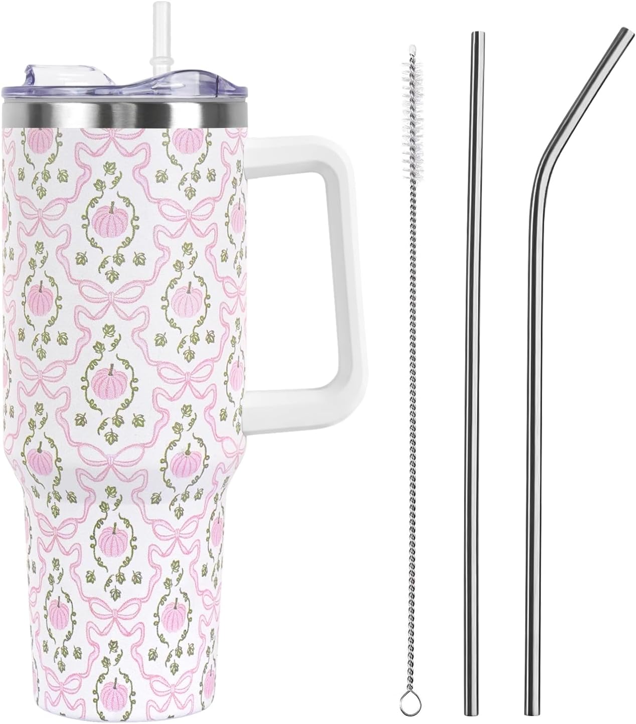 Floral Lemon Tumbler with Handle and Straw Lid 40 oz,Cute Spring Summer Gift for Women Men Lemon Leaves Vacuum Insulated Leak Proof Stainless Steel Coffee Cup Mug