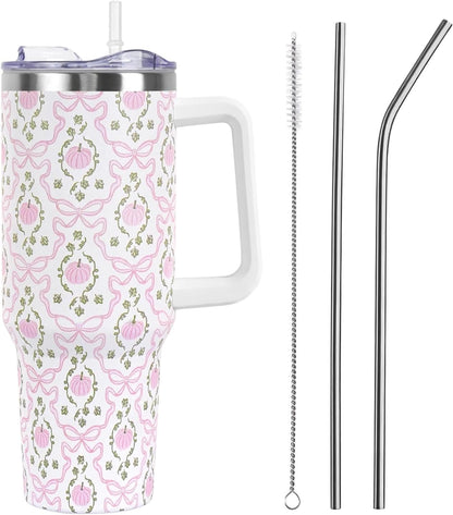 Floral Lemon Tumbler with Handle and Straw Lid 40 oz,Cute Spring Summer Gift for Women Men Lemon Leaves Vacuum Insulated Leak Proof Stainless Steel Coffee Cup Mug