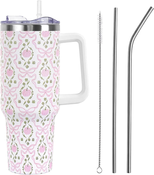 Floral Lemon Tumbler with Handle and Straw Lid 40 oz,Cute Spring Summer Gift for Women Men Lemon Leaves Vacuum Insulated Leak Proof Stainless Steel Coffee Cup Mug