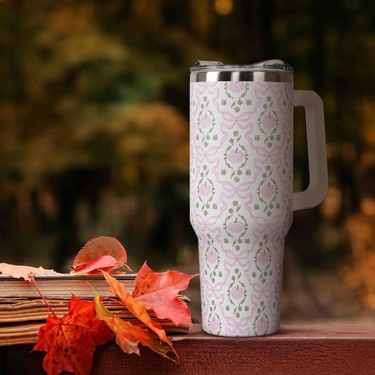 Floral Lemon Tumbler with Handle and Straw Lid 40 oz,Cute Spring Summer Gift for Women Men Lemon Leaves Vacuum Insulated Leak Proof Stainless Steel Coffee Cup Mug